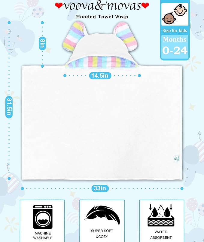 VOOVA & MOVAS Thick Baby Hooded Bath Towel - 100% Cotton,500GSM, 33x31.5 Inches,0-2Years, Super Absorbent Large Towel with Cute Elephant Ears Hood for Newborn, Baby, Infant, White