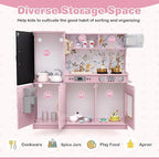 HONEY JOY Kids Kitchen Playset, Wooden Little Chef Pretend Toy Kitchen Set w/Chalkboard, Telephone, Utensils, Oven, Microwave, Sink, Storage, Play Kitchen for Toddlers Boys Girls, Pink Flower