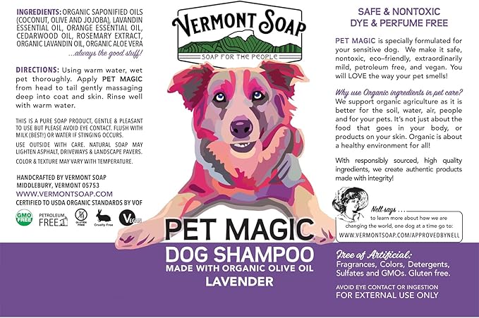 VERMONT SOAP Organics Pet Shampoo - Infused with Organic & Natural Olive Oil, Coconut & Aloe Vera Dog Shampoo for Sensitive Skin - USDA Certified Grooming Pet Shampoo - Lavender (640oz)
