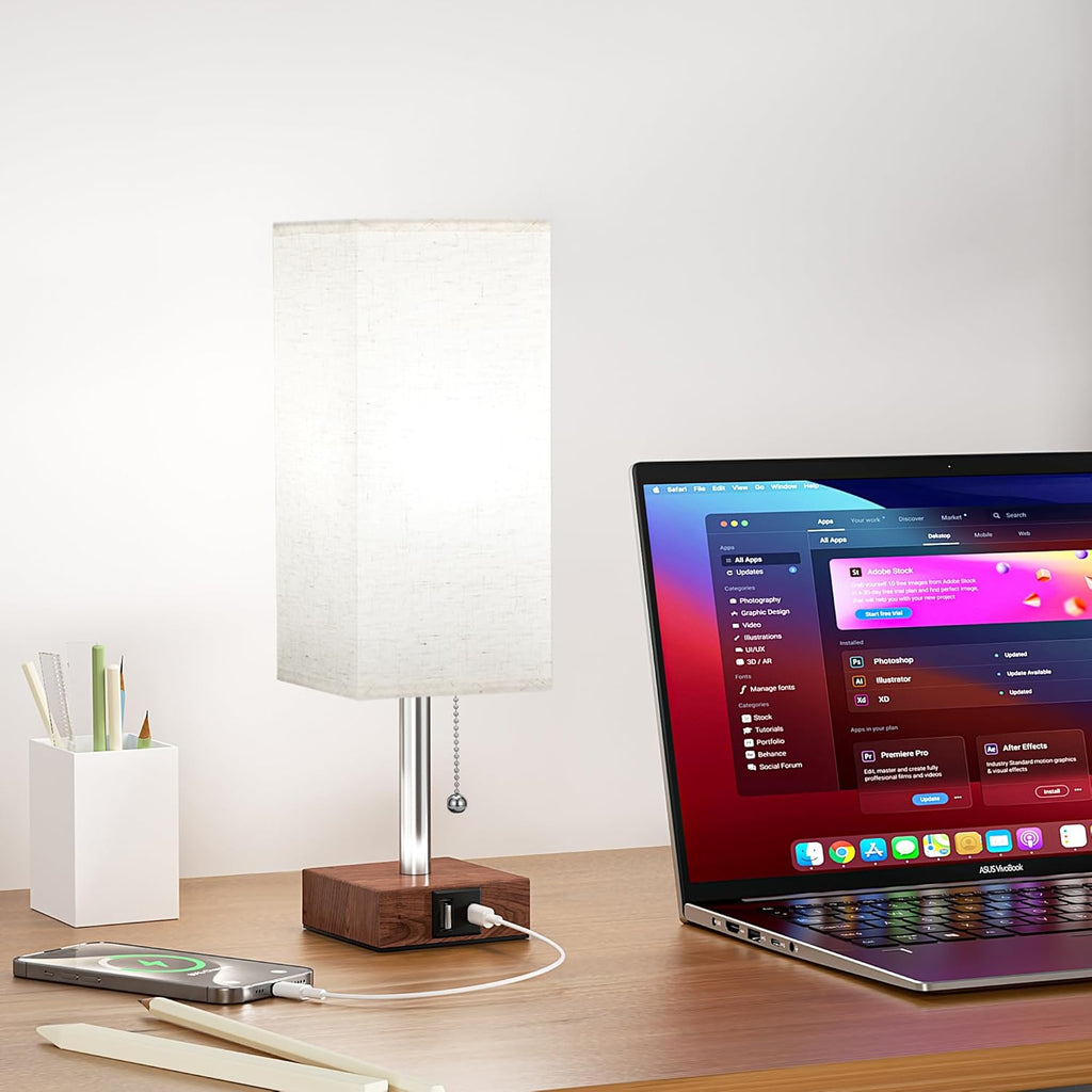 aooshine Red Brown Small Table Lamp for Bedroom - 3 Color Temperature 3000K 5000K 4000K Bedside Lamp, Pull Chain Control, USB A and C Ports, Pure Gold Color Base, Bulb Included