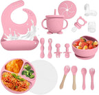 Baby Led Weaning Supplies, 17 Piece BPA-Free Silicone Feeding Set, Eating Essentials Baby Utensils with Suction Plate and Bowl, Pocket Bib, Sippy Cup with Lid, for 6+ Months, Pink