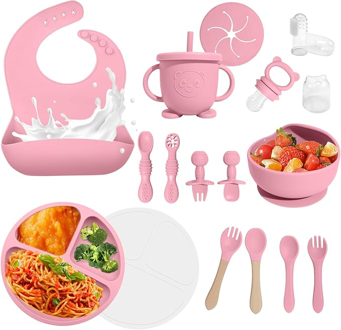 Baby Led Weaning Supplies, 17 Piece BPA-Free Silicone Feeding Set, Eating Essentials Baby Utensils with Suction Plate and Bowl, Pocket Bib, Sippy Cup with Lid, for 6+ Months, Pink