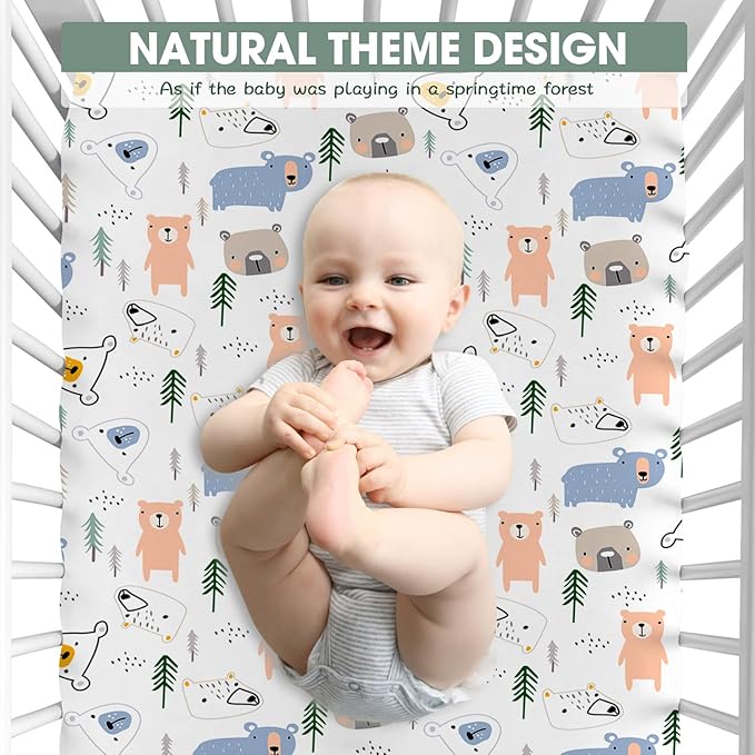Bimocosy Crib Sheets for Boys Girls, Fitted Crib Sheet 4 Pack for Standard Crib and Toddler Mattresses, Super Soft Breathable Microfiber Baby Sheet 28x52x8in, Leaf/Bear/Gray/Green