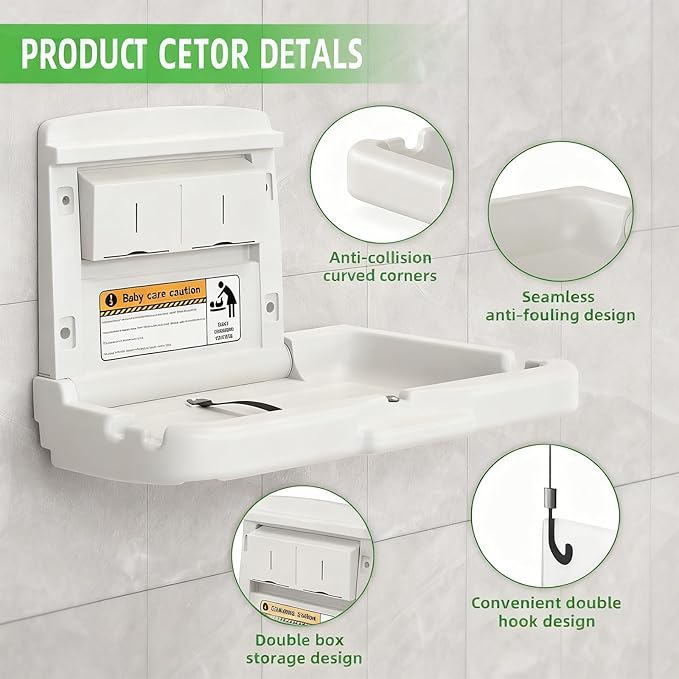 BELZAR Wall Mounted Baby Changing Station - Horizontal Baby Foldable Wall Mounted Changing Table with Safety Strap Paper Holder for Commercial Bathrooms, ADA Complaint White Gray