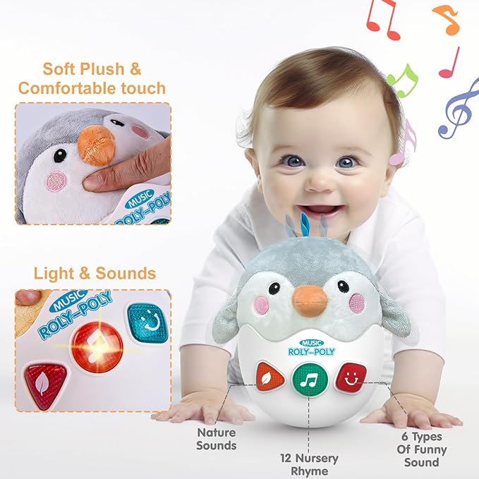 Infant Toys 0-3-6-12 Months Shower Gifts, Plush Cute Stuffed Animal Penguin Musical Baby Tummy Toys with Light & Sounds, Roly-Poly Easter Birthday Gift for Newborn Boys & Girls