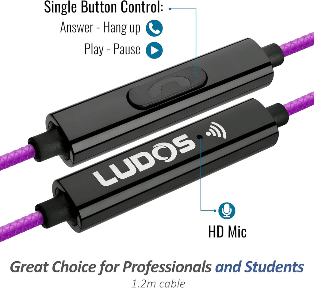 LUDOS Clamor Wired Earbuds in-Ear Headphones, 5 Years Warranty, Earphones with Microphone, Noise Isolating Ear Buds, Memory Foam for iPhone, Samsung, School Students, Kids, Women, Small Ears - Purple