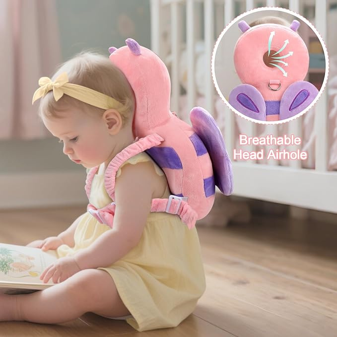 Baby Head Protection Backpack with Leash, Cute Toddler Protector Padded Pillow Carrier with Anti Lost Wrist Link for Crawling Walking, Butterfly Kid Harness Infant Cushion Pad for 6-18 Months Girls