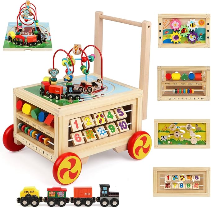 Wooden Activity Cube 7-in-1 Montessori Toys for 1+ Year Old Boys Girls Educational Learning Toys for Toddlers Age 1-2 One Year Old First Birthday Gift Bead Maze Magnetic Trains Track Shape Sorter