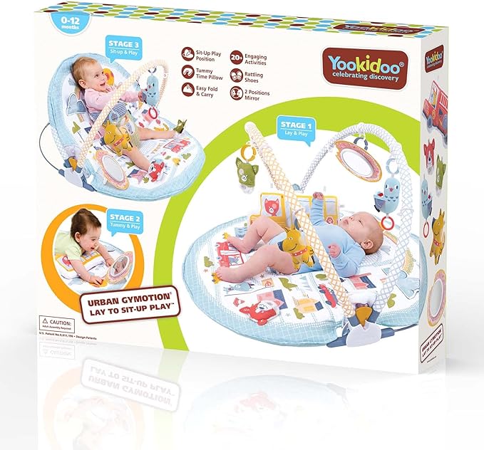 Yookidoo Baby Gym Urban Lay to Sit-Up Playmat. 3-in-1 Newborns Activity Center with Tummy Time Toys, Pillow & Infant Miror. 0-12 Month
