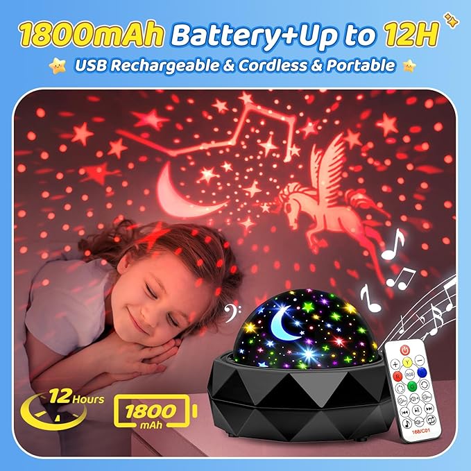 PIKOY Kids Night Light Projector,15 Colors+15 White Noise+3 Films+Remote+AUTO Timer Projector Night Light for Kids Room,Rechargeable Star Lights for Ceiling,Gifts Star Projector Lights for Bedroom