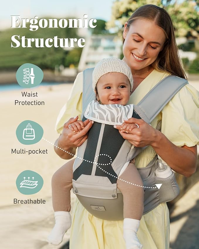 Baby Carrier, MOMTORY Safety-Certified 6-in-1 Baby Carrier with Hip Seat, Detachable Baby Holder Carrier Newborn to Toddler, Soft Ergonomic Toddler Support Carrier for 7-50lbs- Grey