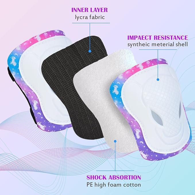 Kids Knee and Elbow Pads Set, 7 in 1 Skating Protective Gear for Skateboard, Roller Skating, Scooter, Cycling, 3-8 Years