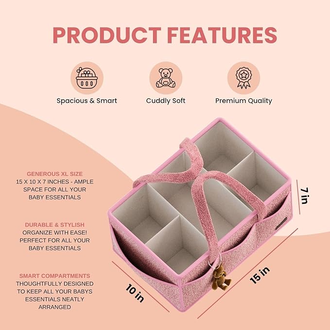 Large Diaper Caddy Organizer with Dividers - Baby Basket for Nursery and Changing Table - Portable Storage with Strong Handles for Diapers, Wipes and Newborn Essentials