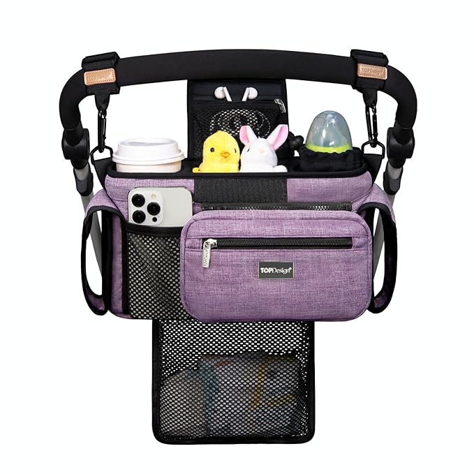 TOPDesign Universal Baby Stroller Organizer, Stroller Caddy with Detachable Mesh Bag & Heightened Insulated Cup Holders & Non-Slip Secure Hooks Accessories, Fits Most Strollers (Purple)