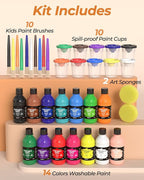 Nicpro 14 Colors Large Washable Paint for Kids 8.45oz/250ml, Non Toxic Children Tempera Finger Paints with Paint Brushes, Cups and Sponge for Art, Poster, School, Classroom, Craft DIY, Children