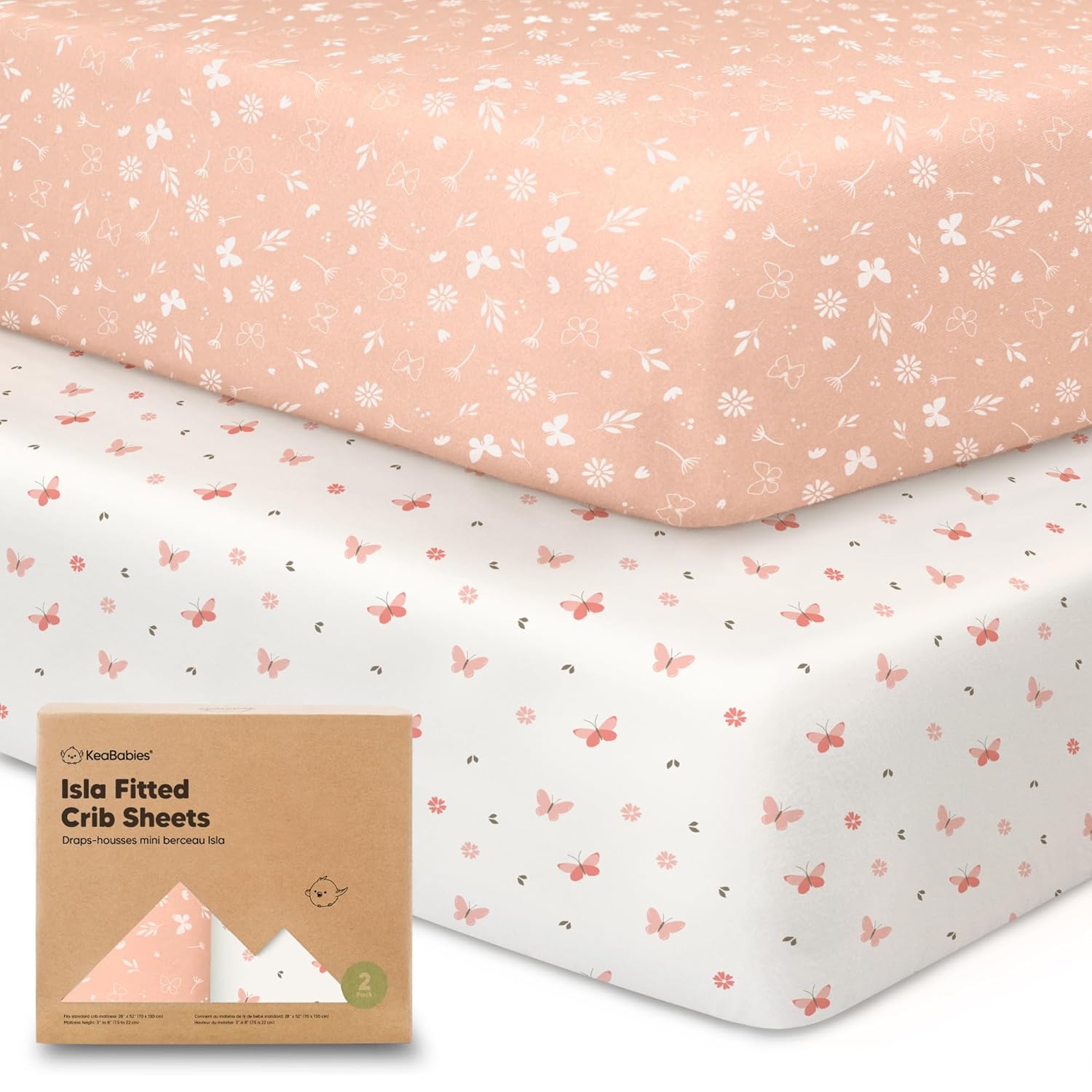 KeaBabies 2-Pack Baby Crib Sheets for Boys, Girls - 52x28 Viscose Derived from Bamboo Toddler Bed Sheets Neutral, Fitted Crib Mattress Cover for Standard Baby Bedding, Soft & Cozy (Butterflies)
