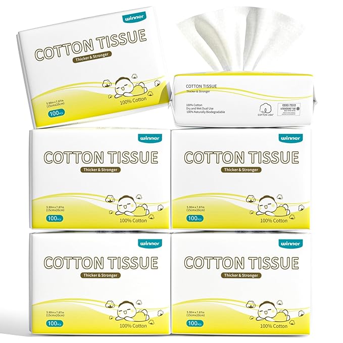 Winner 100% Cotton Dry Wipes, USDA Certified Baby Wipes, 600 Count, Soft & Gentle, Hypoallergenic & Unscented for Baby Sensitive Skin, Use Wet/Dry for Diaper Changes, Meals & Cleanup, Pack of 6