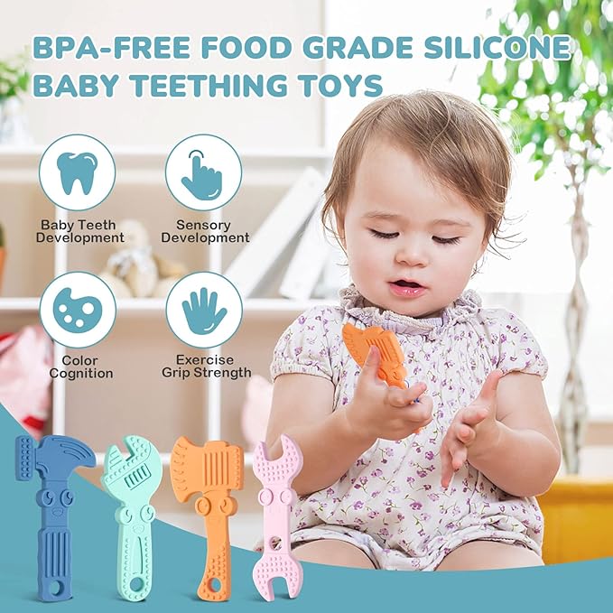 TYRY.HU Baby Teething Toys for Babies, Baby Teether Toys, BPA Free Silicone Baby Molar Teether Chew Toys, Hammer Wrench Spanner Pliers for Boys Girls, Soft-Textured, Easy to Hold & Clean, 4 Packs