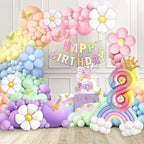 Pastel Balloons 8th Birthday Decorations for Girls, 219 Pastel Balloon Garland Kit with Flowers, Happy Birthday Banner, Cake Topper, 3D Butterflies, Number 8 Balloon for PastelBirthday Decorations