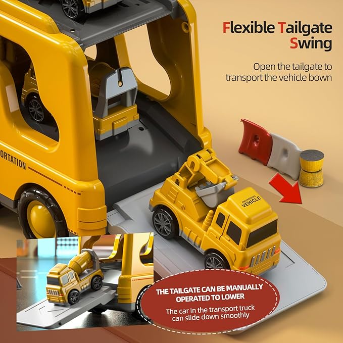 5 in 1 Construction Trucks Cars Toys for Toddlers 3-5, Boy Toddler Car Truck Toys with Light Sound, Includes Crane, Mixer, Bulldozer & Excavator, Birthday Gifts Toys for 2 3 4 5 Year Old