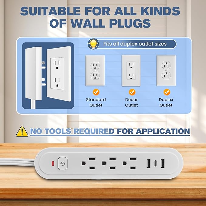 Outlet Concealer Power Strip-Outlet Cover Extender Outlets-8ft Flat Plug Extension Cord,Universal Size,1625W for Kitchen, Home and Office (8ft (Multi Ports,3 AC,2 USB&Type-C))