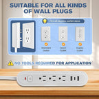 Outlet Concealer Power Strip-Outlet Cover Extender Outlets-8ft Flat Plug Extension Cord,Universal Size,1625W for Kitchen, Home and Office (8ft (Multi Ports,3 AC,2 USB&Type-C))