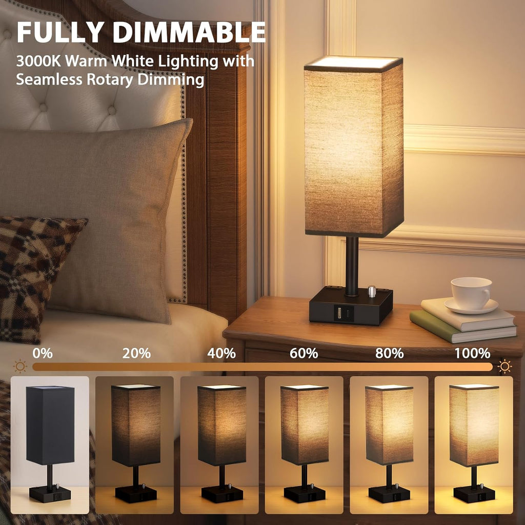 Black Fully Dimmable Nightstand Lamps Set of 2 - Table Bedside Lamp with USB C+A Charging Ports & 2 AC Outlets, Square Lamp Sets Linen Fabric Shade for Bedroom Living Room(Bulb Included)
