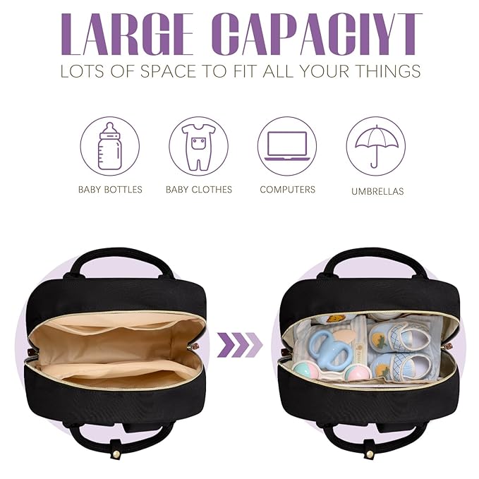 Tuwubi Diaper Bag Backpack, Baby Essentials Travel Tote Bag, Multi function Waterproof Backpacks, Travel Essentials with Stroller Straps & Pacifier Case - Black