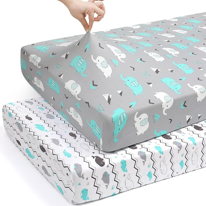 Pack n Play Sheets, BROLEX 2 Pack Mini Crib Sheets,Stretchy Portable Fitted Playard Sheet Set, Convertible Playard Mattress Cover,Ultra Soft Breathable Material,Elephant Whale