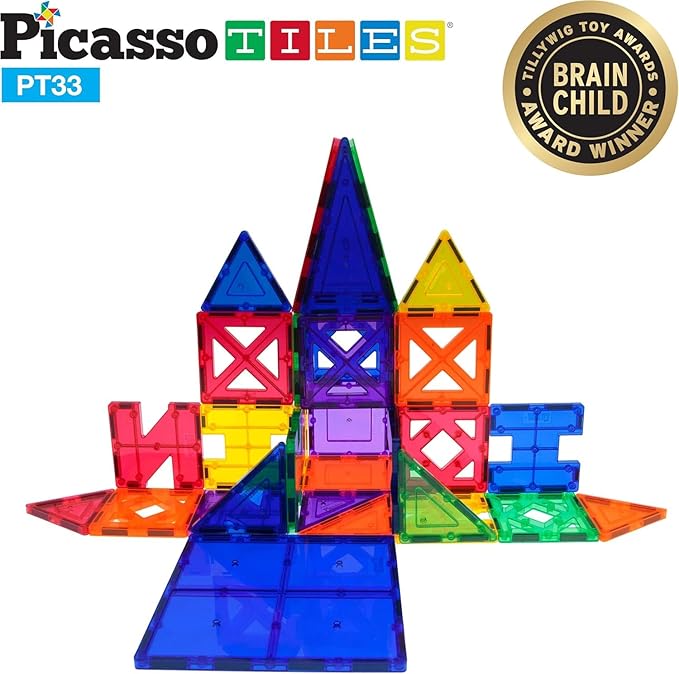 PicassoTiles Educational Set Magnetic Building Tiles with Unique Shapes & Clear Box Tile 3D Magnet Construction Block Different Shapes Connects with Other Figure for Boys & Girls Ages 3+