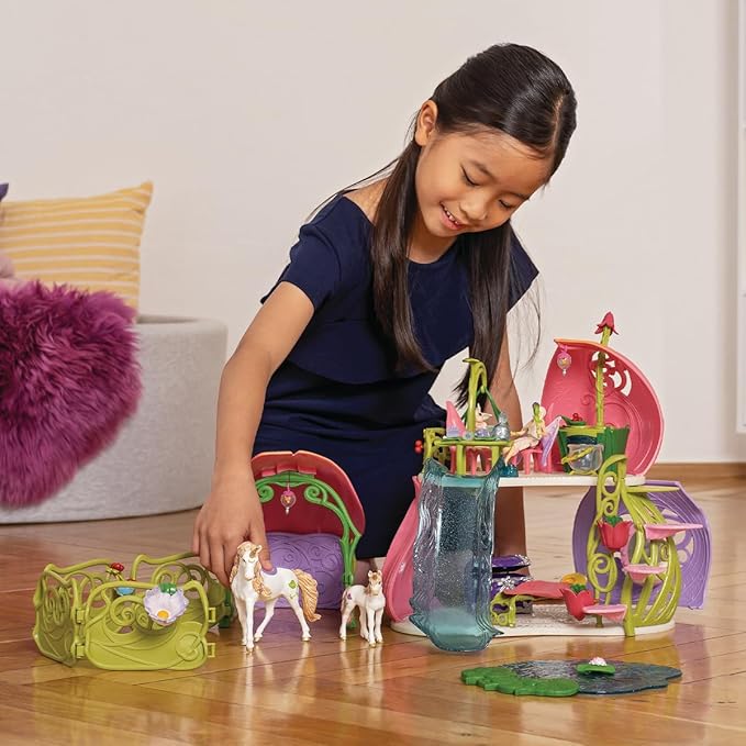 Schleich Bayala - 71 PC Glittering Flower House Playset with Fairy Figure, 2 Cute Unicorn Toys and Fairy Dollhouse Accessories for Girls and Boys - Fantasy Figurine Animal Set for Kids Ages 5+ | 42447