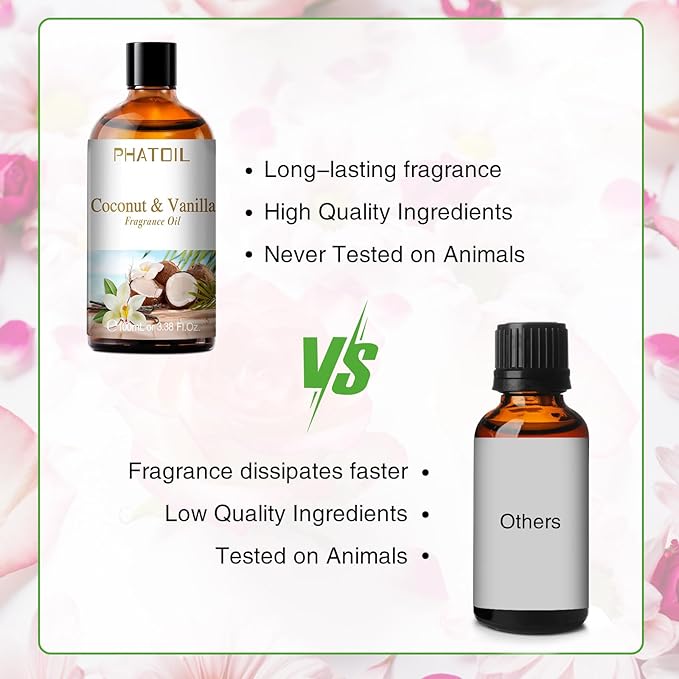 PHATOIL 3.38FL.OZ Coconut & Vanilla Fragrance Oils for Aromatherapy, Essential Oils for Diffusers for Home, Perfect for Diffuser, Yoga, DIY Candle and Soap Making - 100ml