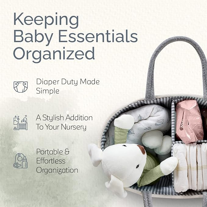 Kiddycare Woven Diaper Caddy Basket with Handle Lid, Diaper Caddy Basket with Dividers for Baby Boy/Girl Nursery, Baby Gift, Gray, Large