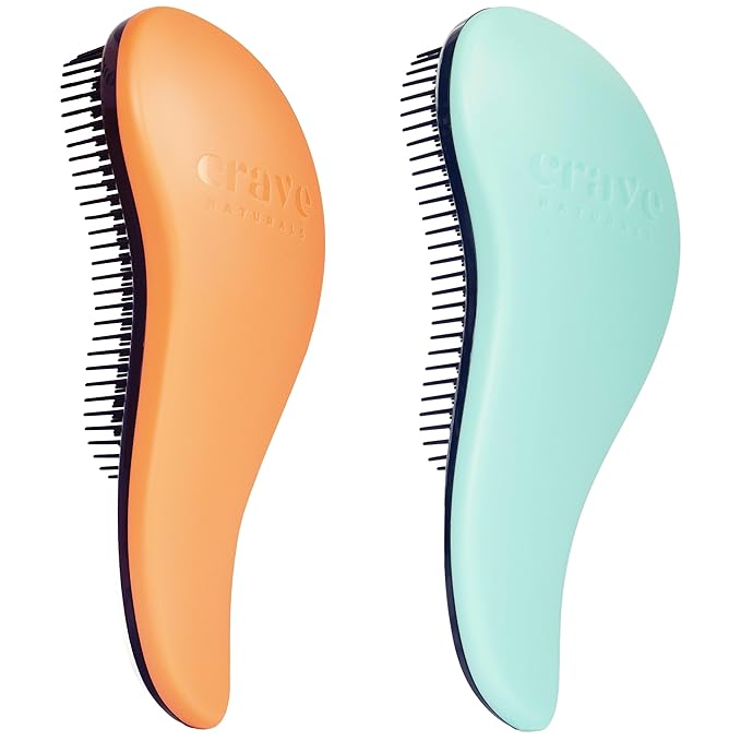 Crave Naturals Glide Thru Hair Brush - 2 Pack Detangler Brush for Curly, Straight, Wet or Dry Hair - Gentle Detangling Brushes for Adults, Kids, Toddlers, 7.5"x3" - Coral and Turquoise