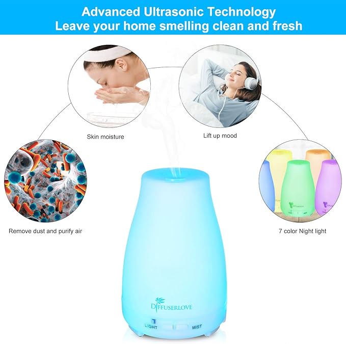 Diffuserlove 2 Pack 200ml Essential Oil Diffuser Ultrasonic Aromatherapy Diffuser Cool Mist Humidifiers with 7 Color LED Lights & Waterless Auto Shut-Off for Home Office Kitchen Bedroom