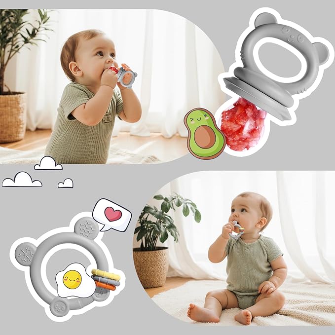 Baby Fruit Food Feeder & Breastmilk Popsicle Molds for Teething Relief, Baby Feeding Sets, 1 Freezer Tray with Lid & 1 Teether Toy & 1 Silicone Teething Pacifier Feeder, Extra Food Pouches (Grey)