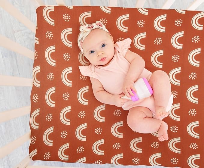 Jola's House 4 Pack N Play Sheets - Mini Crib Sheets Boho Nursery Sheets, Sunshine & Rainbow Design - Neutral Unisex Fitted Baby Crib Sheets for Baby Boys or Girls