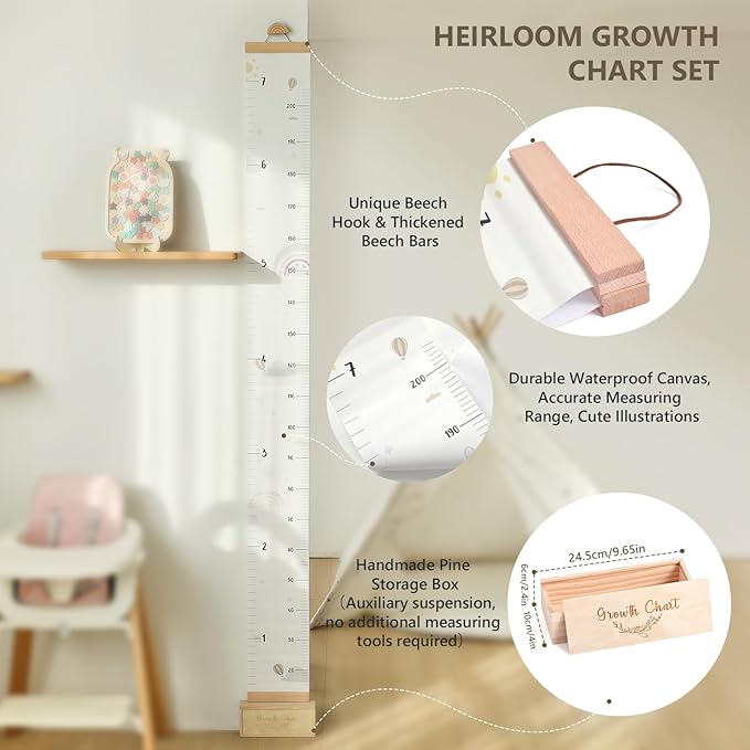 Growth Chart for Wall 7 Ft Height Chart with Keepsake Box & Hook Waterproof Canvas Measure Wall Ruler Removable Neutral Nursery Wall Decor for Baby Kids Toddlers