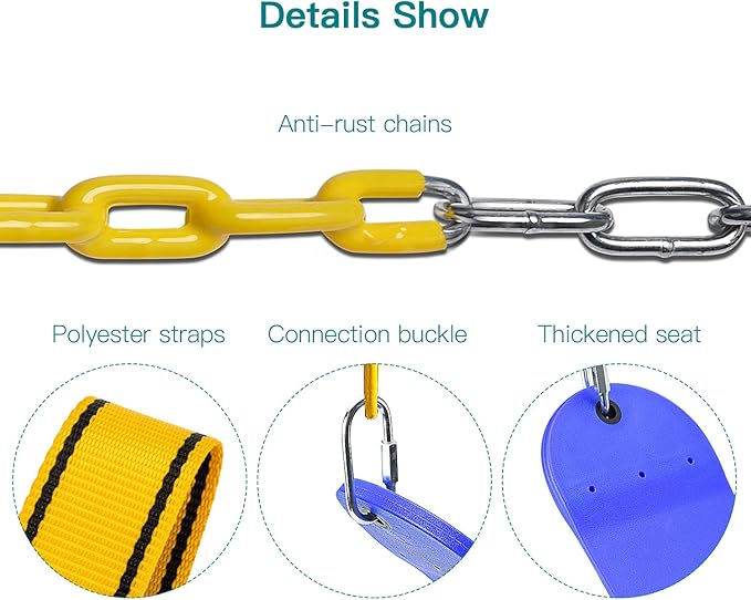 PACEARTH Swing Seat with Heavy Duty 68.9 inch Anti-Rust Plastic Coated Chains, 23.6 inch Tree Hanging Straps and Locking Buckles-Outdoor Playground Tree Swing Set Accessories Replacement (Blue)