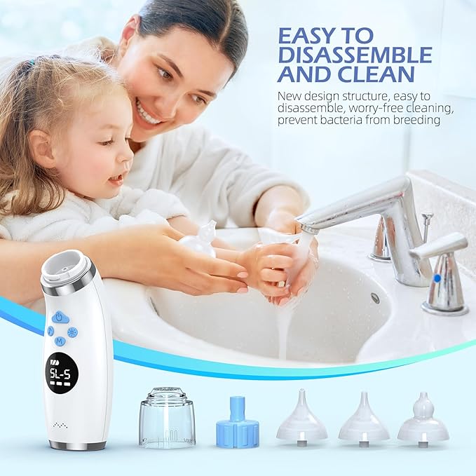 Nasal Aspirator for Baby with Light and Music, Electric Babies Nose Sucker with 3 Soft Silicone Tips, 5 Levels Suction Adjustment Nose Cleaner for Kids Girl Boy Adult Pets