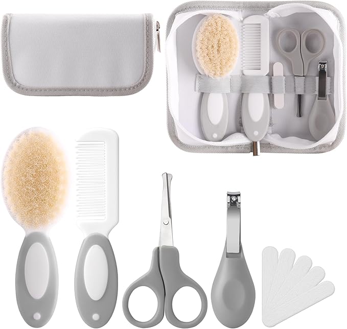 Baby Grooming Kit with Storage Pouch Baby Brush Soft Bristles 5 pcs-Infant Brush, Rounded Comb, Safety Scissors, Nail Clippers & Emery Board -Health Care Kit for Newborns & Toddlers Gray