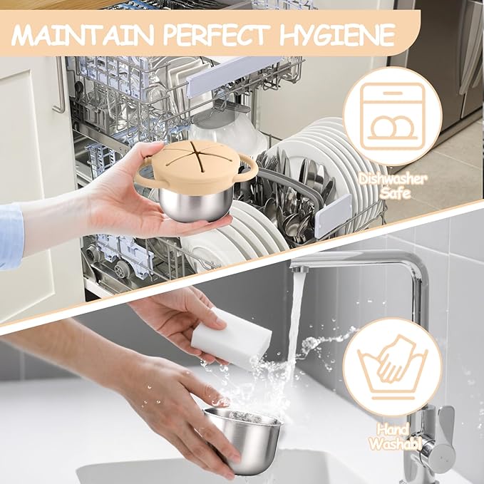 2-Pack Stainless Steel Snack Containers for Kids with Spill-Proof Silicone Lids & Handles - 3-in-1 Baby Snack Cups, No-Spill Toddler Snack Box, Perfect for On-the-Go Healthy Eating（Yellow+Red）