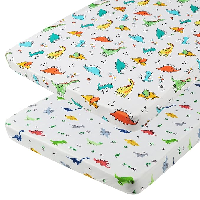Onacosht Pack n Play Sheets 2 Pack for Baby Boy, Stretchy Jersey Knitted Portable Mini Crib Sheets Playard Mattress Cover, Dinosaur Printing