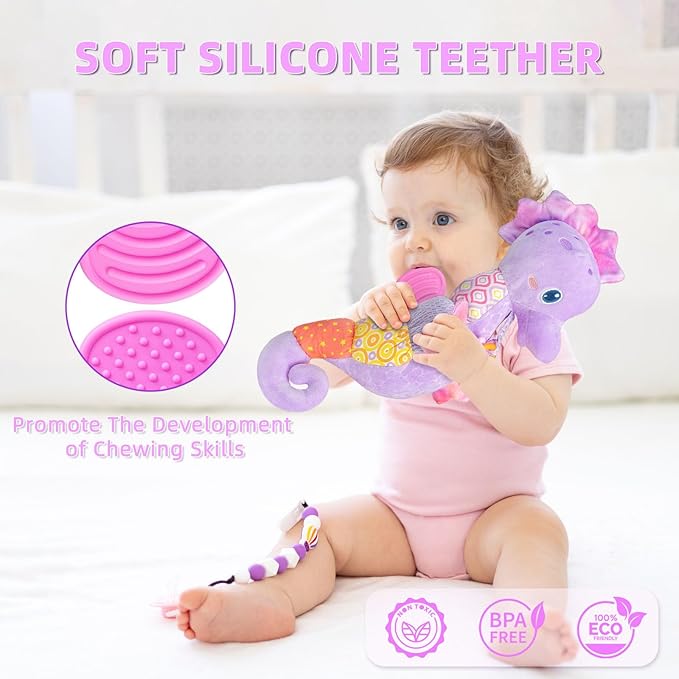 Baby Toys 0-6 Months,Infant Musical Seahorse Stuffed Animals Sensory Toys with Bright Colors,Multiple Textures,Rattles & Crinkle Sound Paper,Tummy Time Toy for Newborn Boys Girls 0-12 Months-Purple
