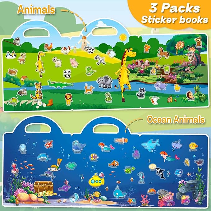 Reusable Sticker Books for Toddlers 1-3, 3 Sets Sticker Books for Toddlers 2-4 Years, Toddler Travel Toys for Kids 2 3 4 Year Old Girls Boys