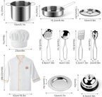 Juboury Pretend Play Kitchen Set - Toy Kitchen Accessories with Stainless Steel Cookware Pots and Pans, Plates, Cooking Utensils, Kids Chef Coat & Hat, Wooden Play Food for Kids, Girls, Boys, Toddlers