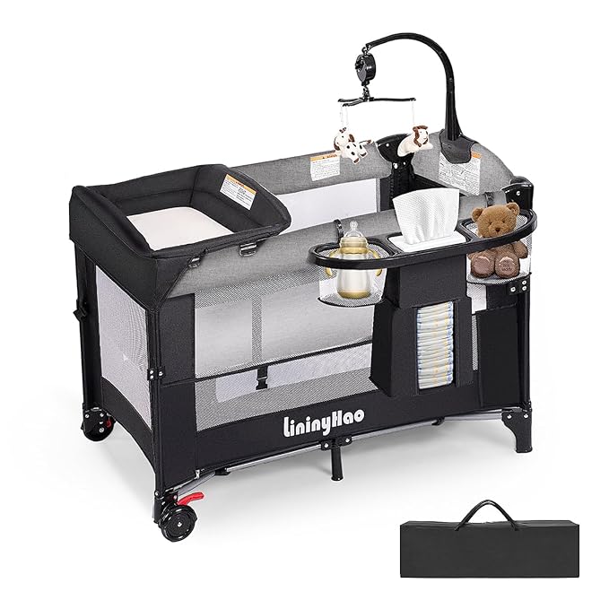 4 in 1 Height Adjustable Baby Playard, Foldable Nursery Center with Music Box Toy Rack, Side Storage, Changing Table, Large Portable Playpen for Newborns and Toddlers（Gray）