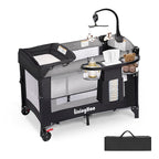 4 in 1 Height Adjustable Baby Playard, Foldable Nursery Center with Music Box Toy Rack, Side Storage, Changing Table, Large Portable Playpen for Newborns and Toddlers（Gray）