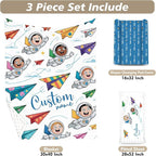 Personalized Baby Crib Bedding Set – Cartoon Astronaut Theme Nursery Bedding Sets 3 Piece with Custom Name Blanket, Fitted Crib Sheet & Changing Pad Cover – Ideal Newborn Gift for Boys Girls