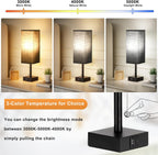 Bedside Table Lamps Set of 2 - Black Bedroom Lamps with 3 Color Temperatures (3000K/5000K/4000K), Two Square Nightstand Lamps with USB C + A Charging Ports, Pull Chain Small Night Light for End Table